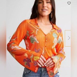 Willow & Root Pleated Floral Cropped Blouse sz L